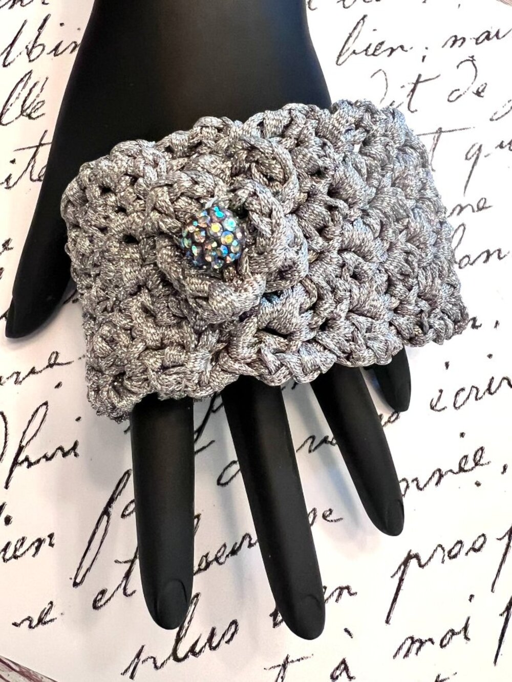 Slip-On BRACELET/CUFF/BANGLE Handmade Silver Lame Ribbon Fiber Art